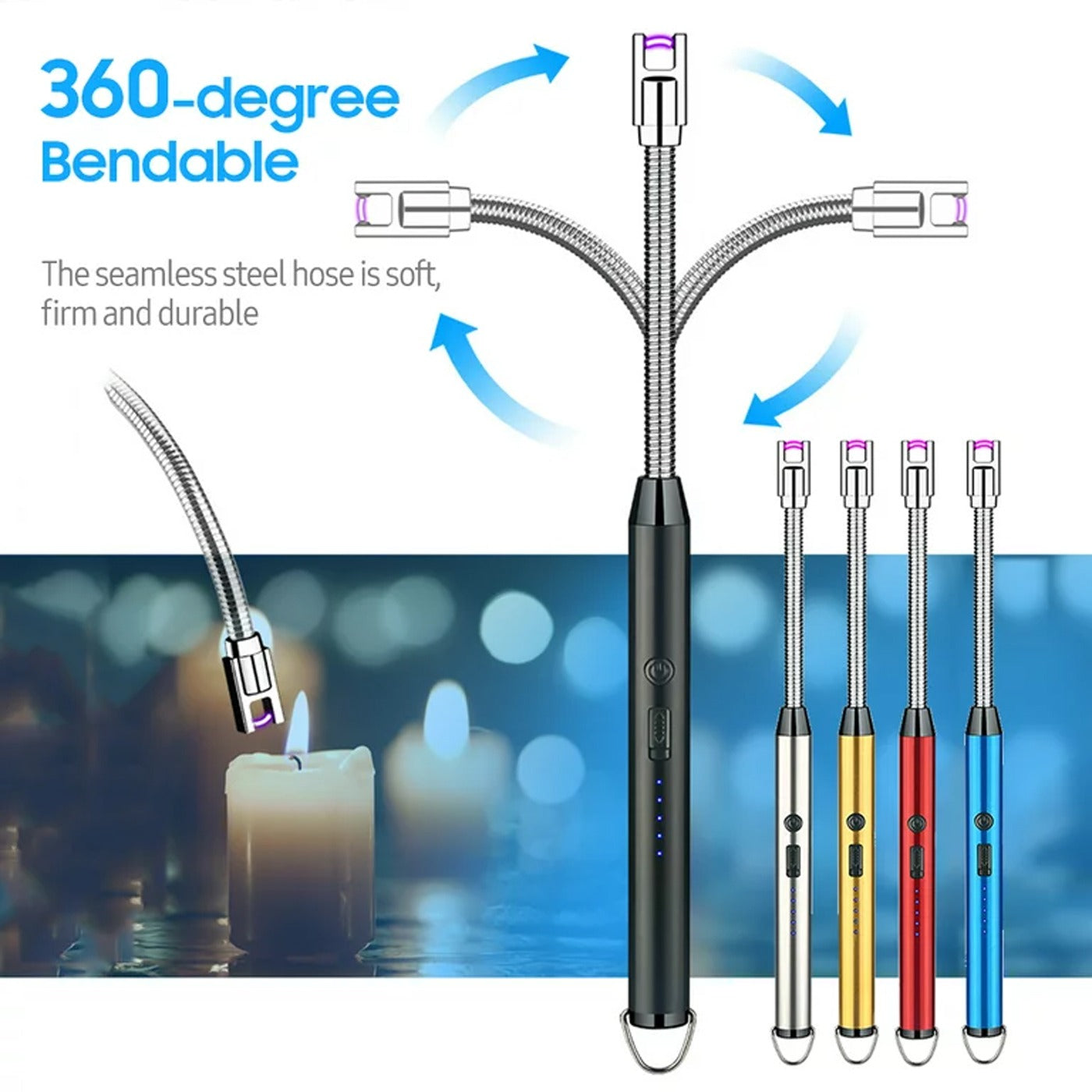 Rechargeable Electric USB Charging Bbq Lighter Arc Bbq Igniter Pulsed Arc Ignition Fire Starter Gas stove Windproof Flameless 360 Degree Bendable Soft Tube